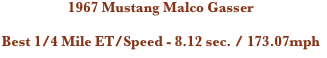 1967 Mustang Malco Gasser

Best 1/4 Mile ET/Speed - 8.12 sec. / 173.07mph